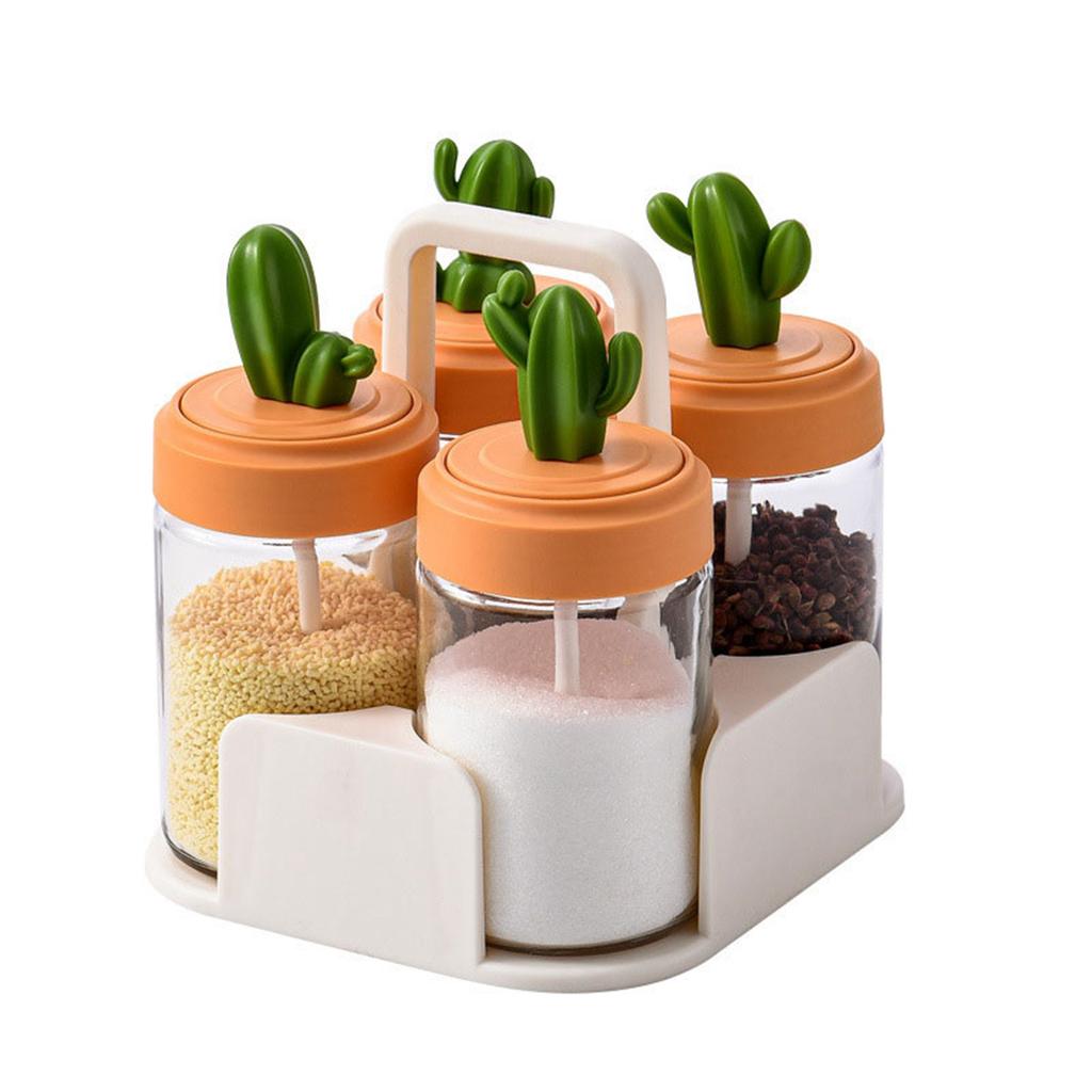 Kitchen Seasoning Jar Set Cactus Shape Lid Glass Bottle Good Sealing Spice Container with Bottom Tray 3Pcs
