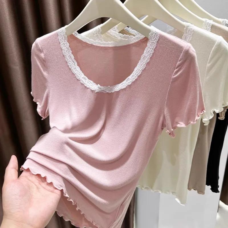 Women's Lace Trim V-Neck T-Shirt Soft Modal Short Sleeve Top
