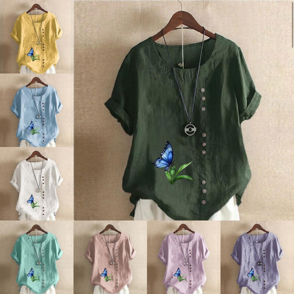 Women's Fashion Butterfly Prined Short Sleeve T-shirt Loose Cotton Shirt Casual Loose Summer Blouse Tops Plus Size