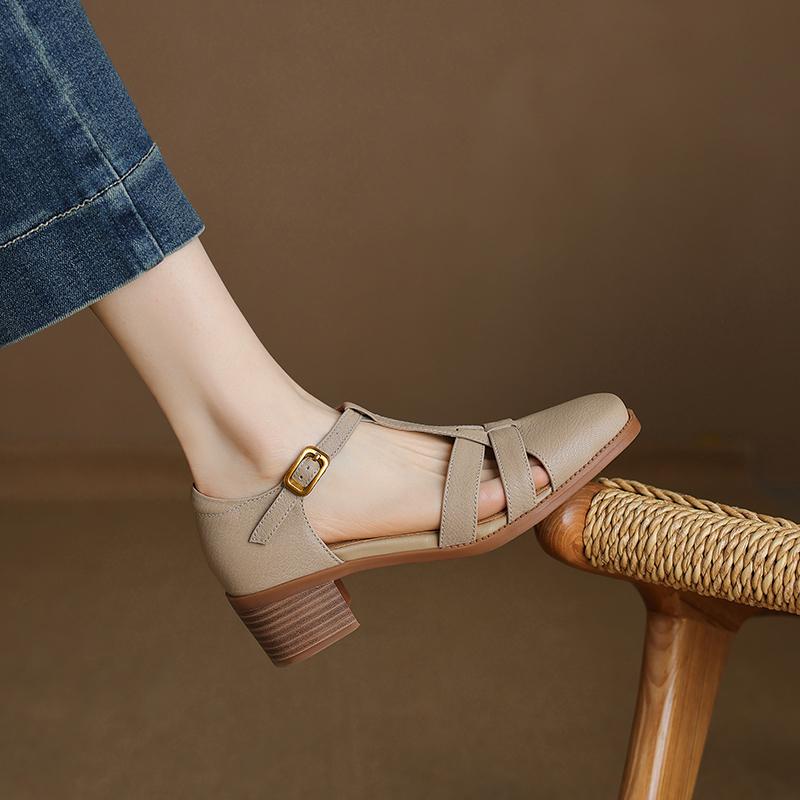 Fashion 2025 New Fashion Classics Genuine Leather Sandals Woman Thick High Heels Sandals Office Ladies Dress Summer Shoes Heels Women