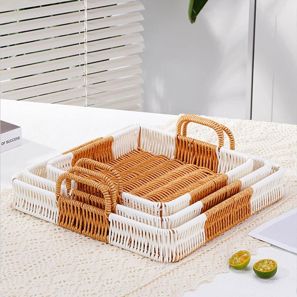 With Handles Woven Serving Tray Washable Imitation Rattan Fruit Plate  Kitchen Storage