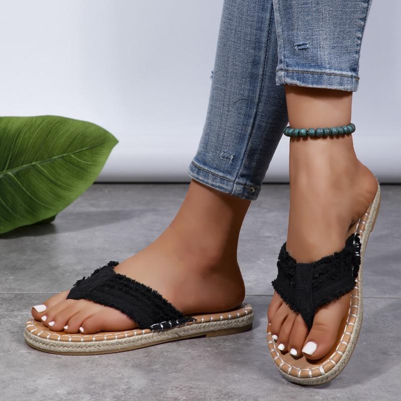 Flip Over Flat Bottomed Clip On Foot Plus Size Hemp Rope Flip Flops for Women, Comfortable Flat Bottomed Canvas Slippers for Women