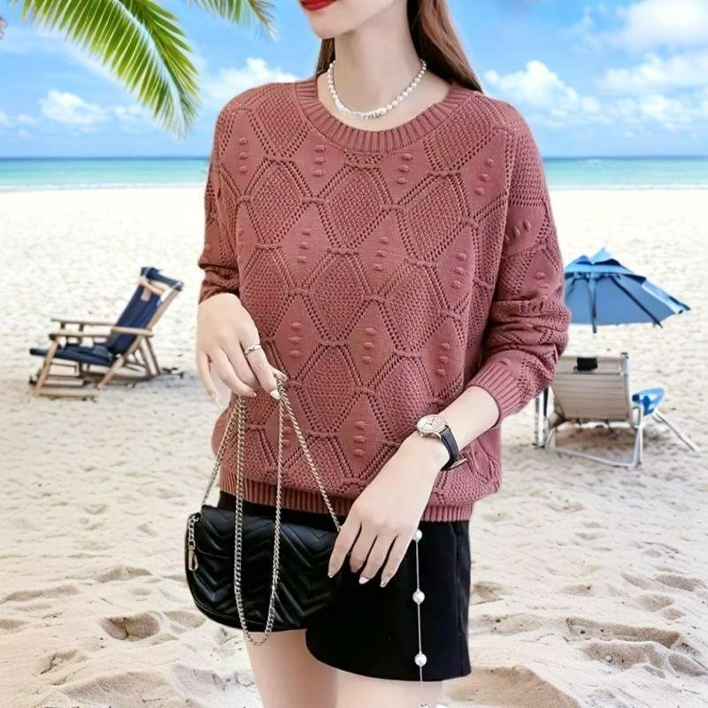 Plus Size Plus Fat Knit Sweater Women's Spring and Autumn Thin Sweater Hollow Thin Section Summer and Spring