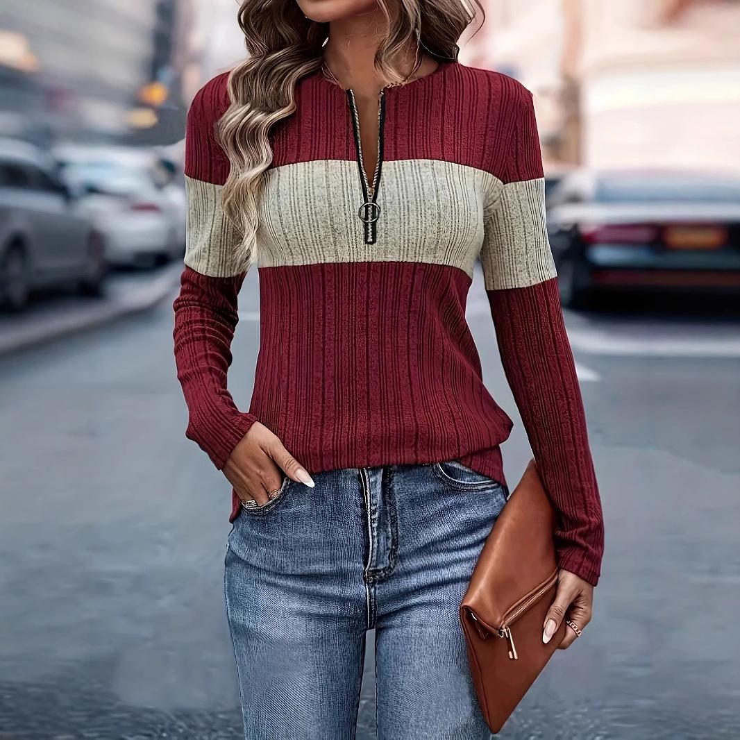 Women s Color Block Striped Ribbed Knit Half Zip Long Sleeve Casual Pullover Top S бордовый