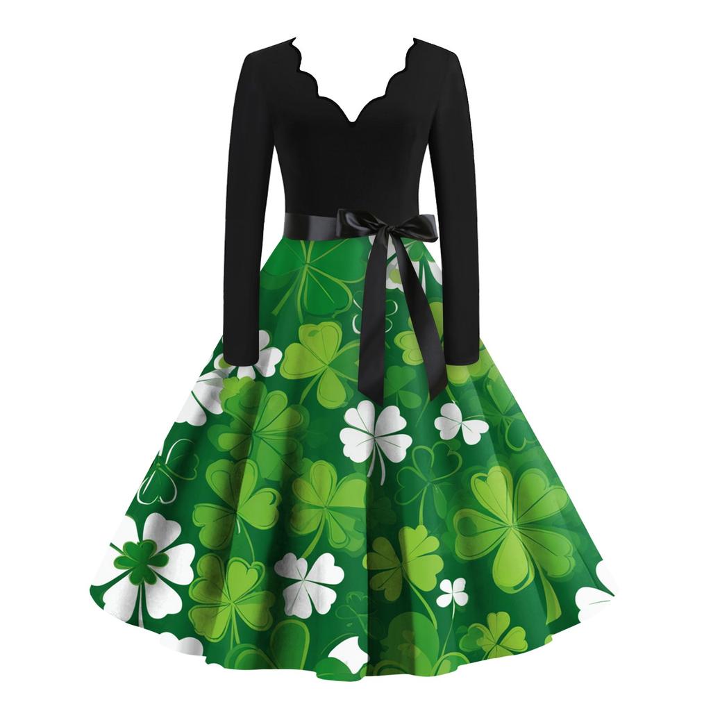 Women's Casual Fashion V-Neck Long Sleeve Printed Vintage Dresses