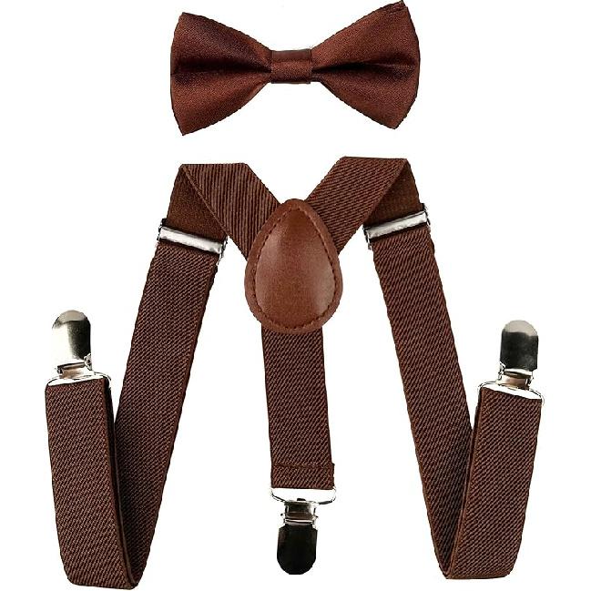 

SEVENHEAD Child Kids Suspenders Bowtie Set Adjustable Elastic Y-Back Design with Strong Metal Clips for Boys and Girls коричневий
