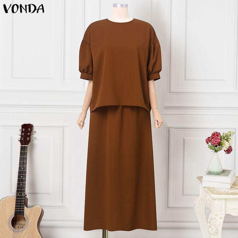 

VONDA Elegant Women Outfits Puff Sleeve Blouse and Skirts Casual Summer Two Piece Suit Sets S