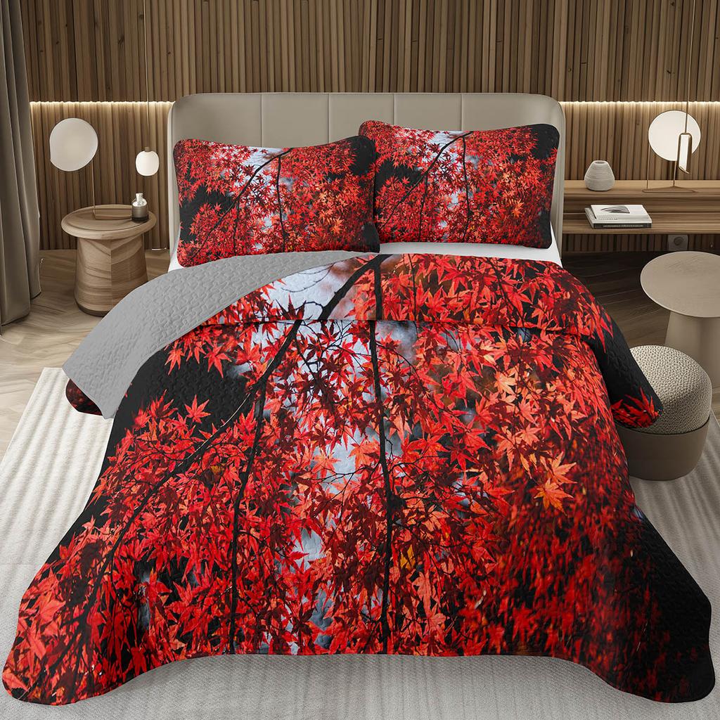 Fall Leaves Bedspread Set Queen/Twin, Autumn Maple Leaf Quilt Set, Soft Lightweight Botanical Coverlet, Rustic Farmhouse Bedding