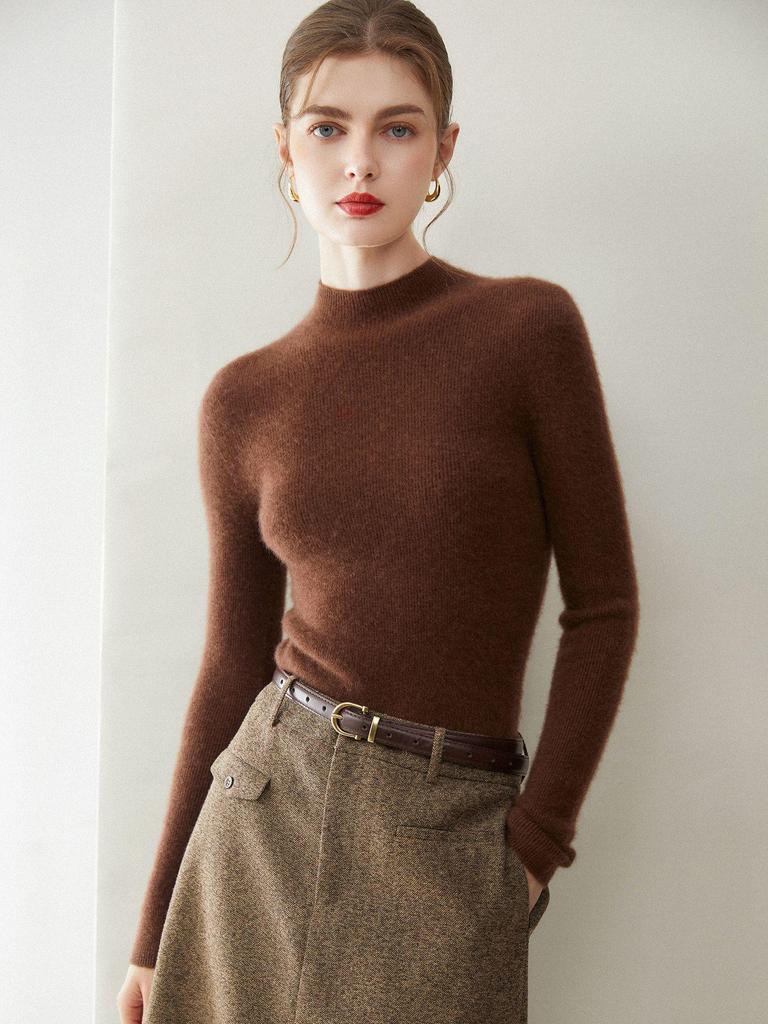 Premium Seamless 100% Cashmere Women's Ribbed Slim Fit Half-High Neck Sweater