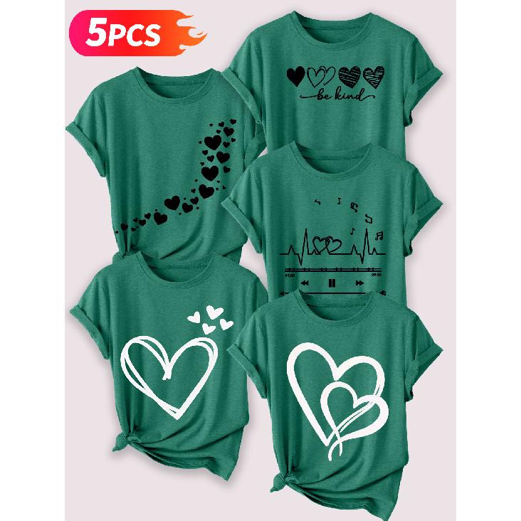 Follow a specific direction Five-piece set for women T Shirt Heart-shaped line art print Summer Casual Elegant Women's Clothing Short Sleeve Top