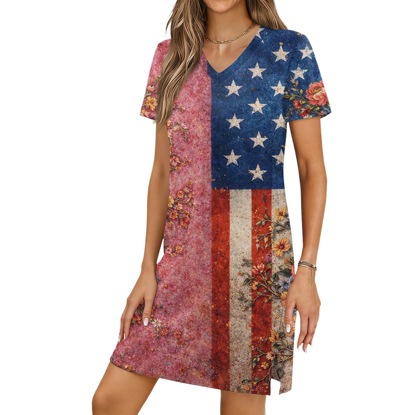 

Women s Casual V-neck Short Sleeve Split Hem Independence Day Printed Dress M рожевий
