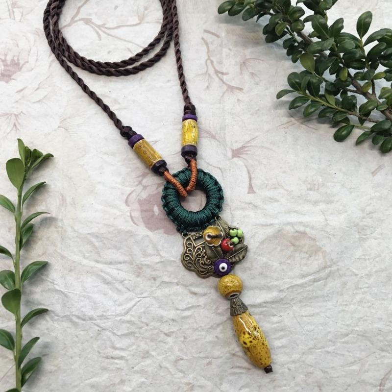 New Forest handmade ceramic necklace, women's retro versatile sweater chain simple long accessories pendant