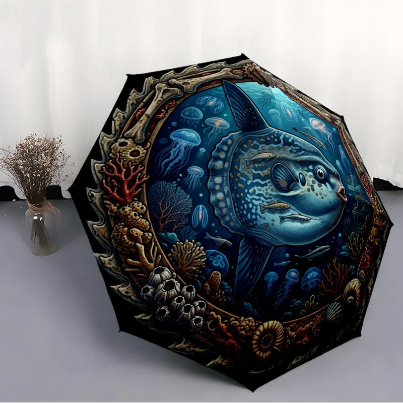 Oceanic Marine Life Emblem Pattern Umbrella, Portable and Foldable Design, 8 Ribs, a Casual Accessory for Halloween, Christmas, and Birthday Gifts.
