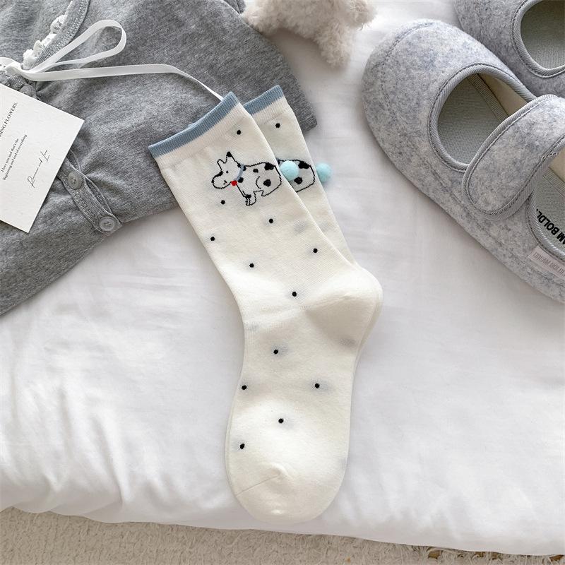 

Женские весенне-летние клетчатые носки-гольфы средней длины без косточек с мультяшным щенком и бантом 1 pair