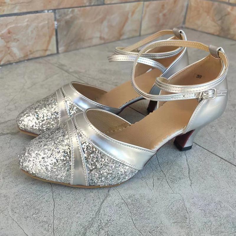 Hot Selling Ladies Modern Dancer Shoes, Tango Shoes, Waltz Indoor/outdoor Gold and Silver Shiny Dance Middle Heel