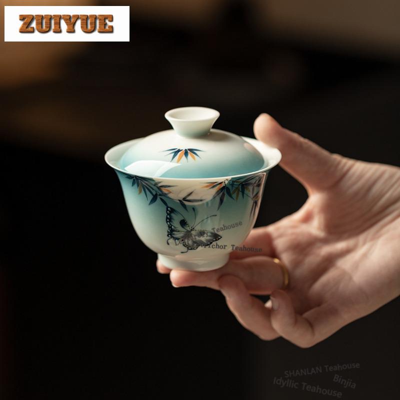 120ml Hand-painted Bamboo Butterfly Gaiwan Ancient Tea Tureen Tea Bowl With Lid Kit Tea Maker Cover Bowl Tea Items Collection