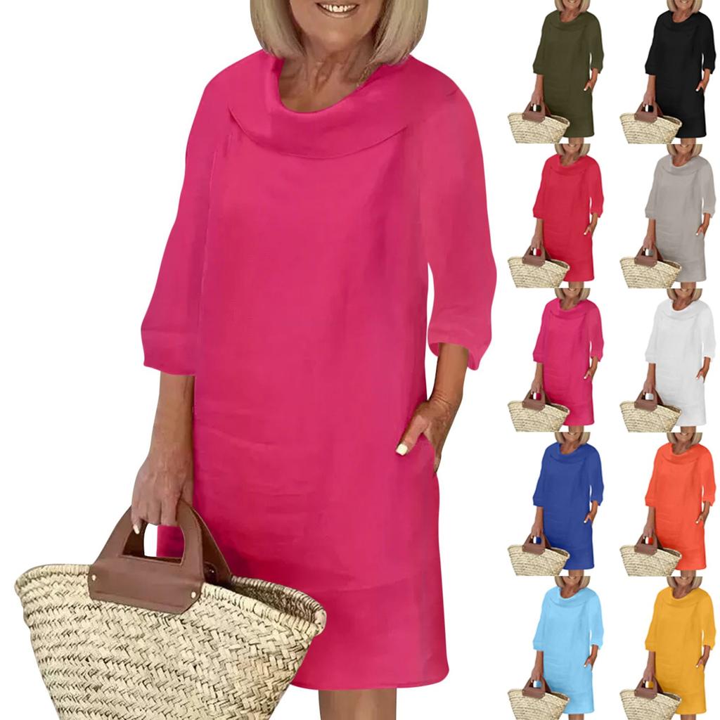 Women's Cotton And Linen Temperament Commuting Long Spliced Round Neck Casual Solid Color Dress