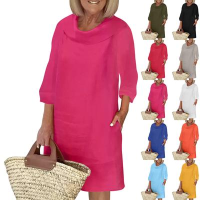 Women's Cotton And Linen Temperament Commuting Long Spliced Round Neck Casual Solid Color Dress