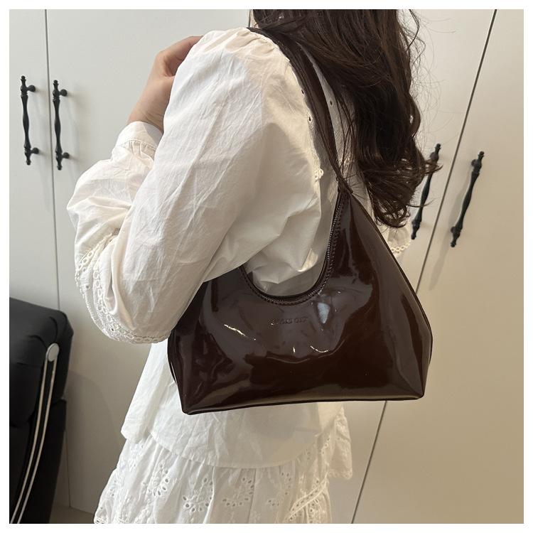 Glossy Faux Leather Crescent Bag for Women Fashionable Handheld Shoulder Purse Trendy Daily Clutch