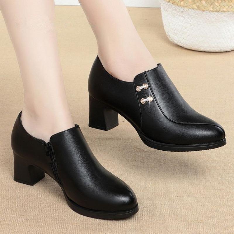 Single Shoes with Soft Leather Soles and Soft Leather Uppers, Women's Shoes with Thick Heels, Leather Shoes