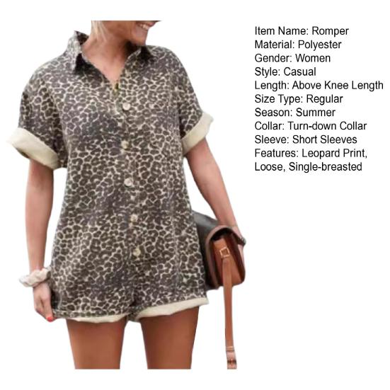 Women Summer Romper Leopard Print Short Sleeves Turn-down Collar Short Sleeves Single-breasted Loose Vacation Style Short Romper