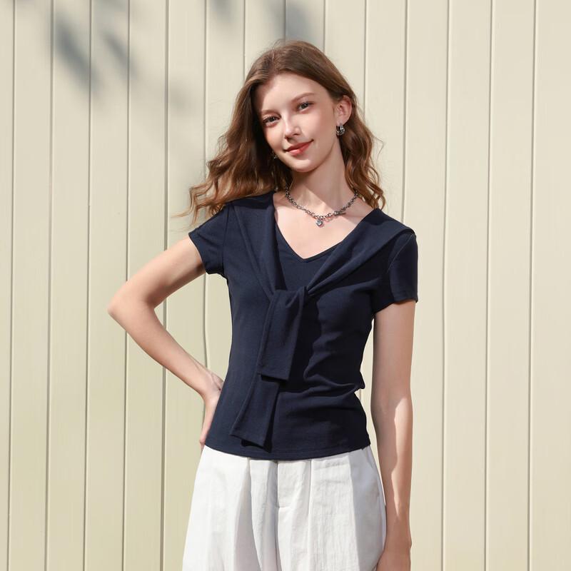 Sancai 2026 Spring Casual Shawl Style Slim Fit V-neck Short Sleeve T-shirt