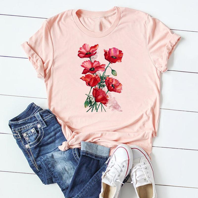 Watercolor Short Sleeve Tee Top Fashion Tshirt Flower Spring Season Clothing Casual Women Print Summer Lady Female Graphic T-shirt