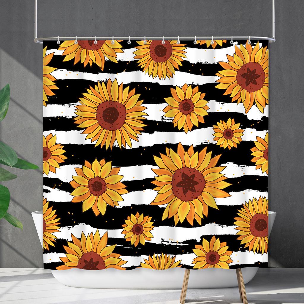 Shower Curtain Waterproof and Mildew-proof Digital Printing Horizontal Strip Plant Flower Printing Shower Curtain Partition Curtain Free Punching