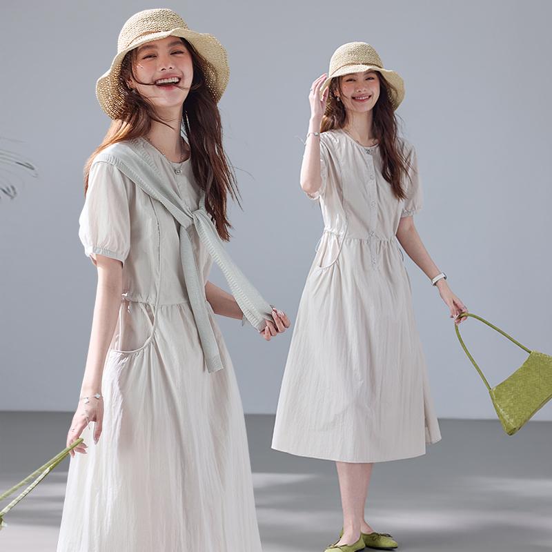 Fenghe Korean Style Summer Lazy Light and Thin Round Neck Waist Short Sleeve Dress