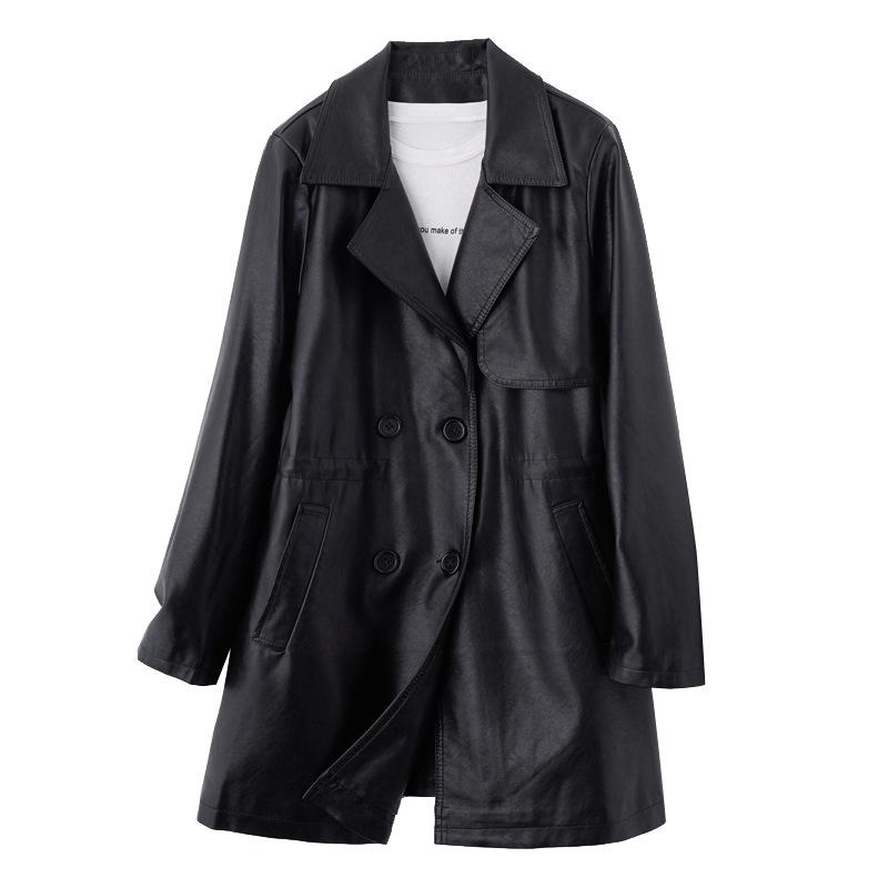 Women's PU Leather Trench Coat with Suit Collar, Double-Breasted, Mid-Length, Waist-Slimming for Spring/Autumn - Model YG82936.