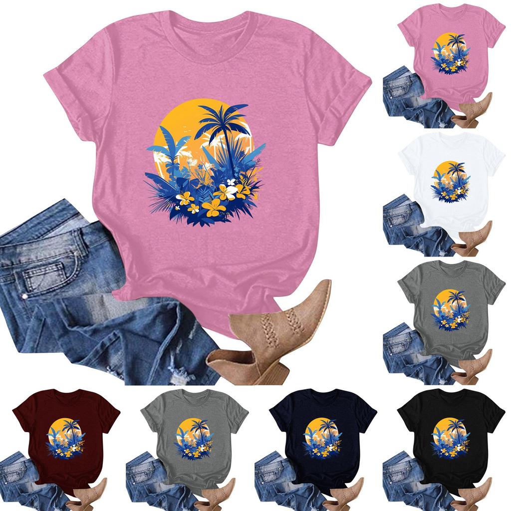 Women's Hawaiian Floral Print Short Sleeve T-Shirt Top