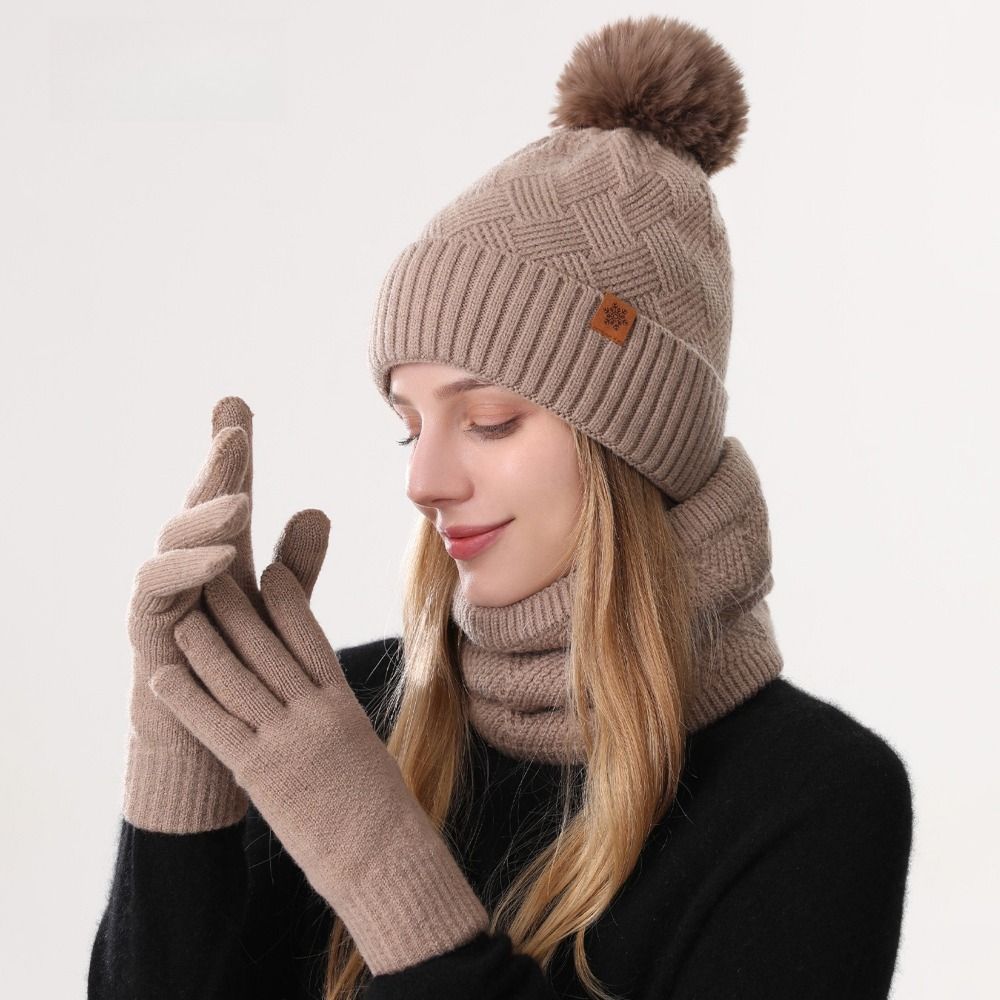 3pcs Wool Hat Scarf Gloves Set Solid Color Winter Beanie Hat Neck Warmer Thermal Knit Cap  Winter