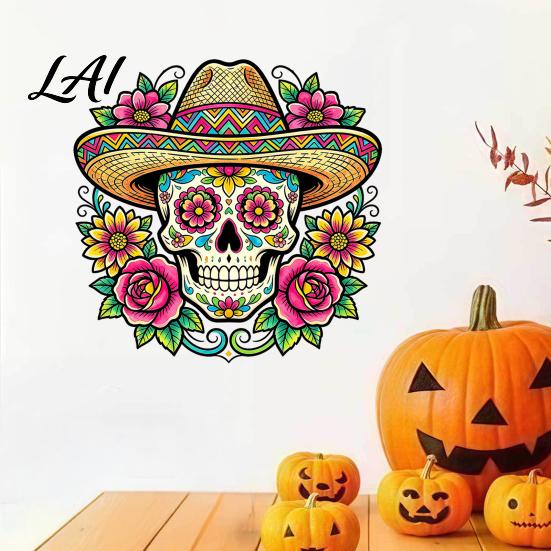 Waterproof Outdoor Glass Decorations Flower Skull Wall Sticker Day of The Dead Decorative Stickers Decals PVC Removable for Windows Doors Easy Peel