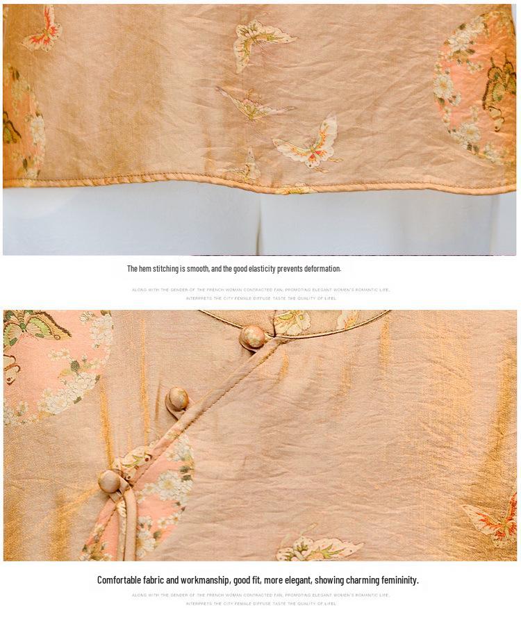 Chinese Style Summer Women's Round Neck 3/4 Sleeve Printed Top for Middle-Aged & Elderly