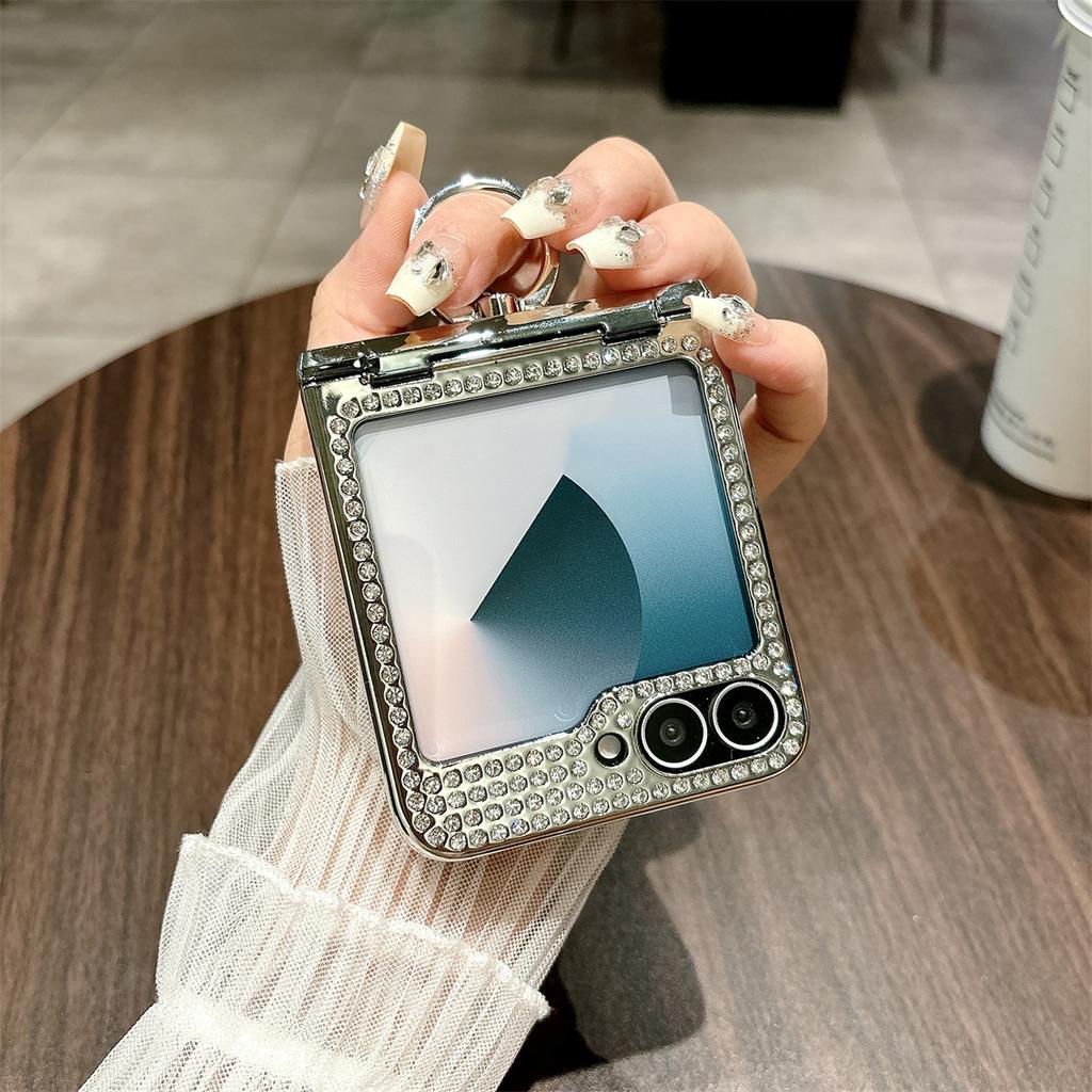 For Samsung Galaxy Z Flip7 FE 5G/Z Flip6 5G Case Fish Scale Texture Ring Holder PC Rhinestone Phone Cover