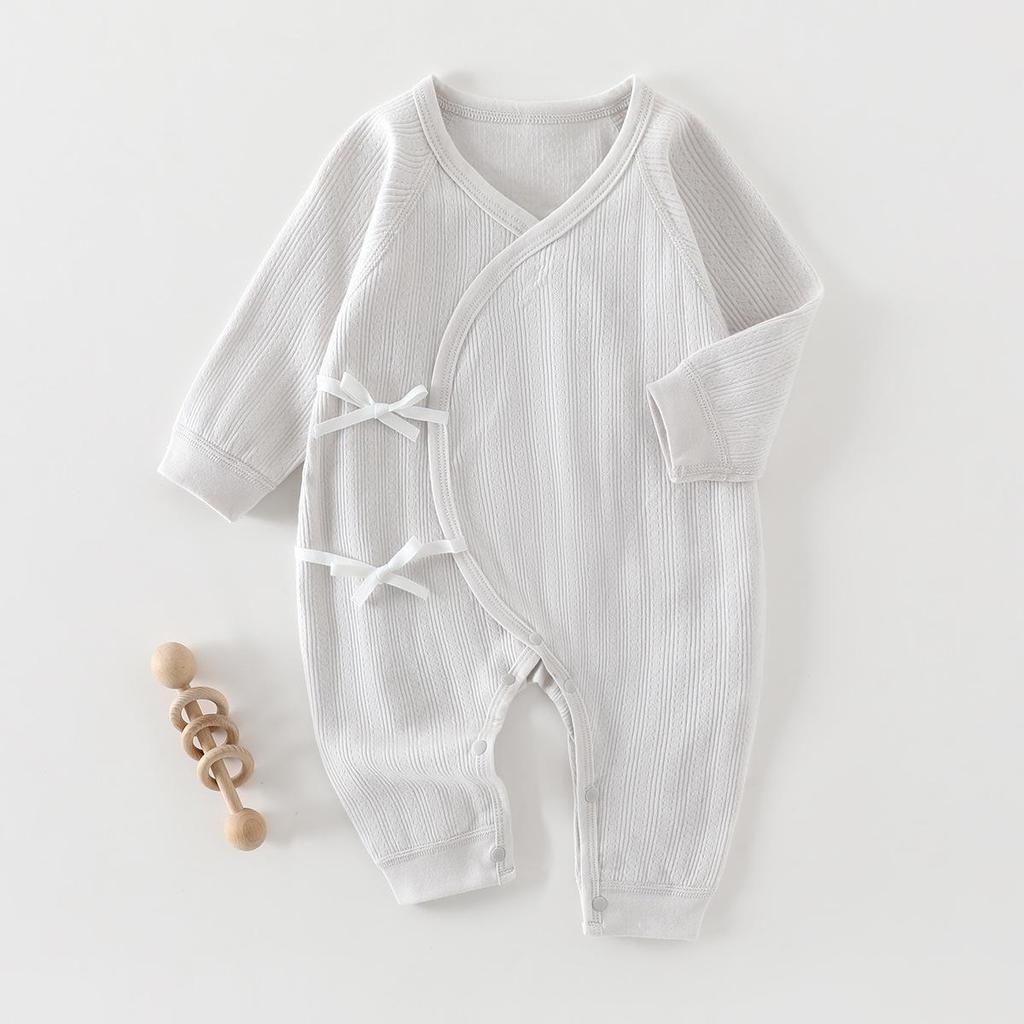 Pure Cotton Long-Sleeve Butterfly Bodysuit for Infants and Toddlers - Belly Protection, Lace-Up Design, One-Piece Home Wear, Spring