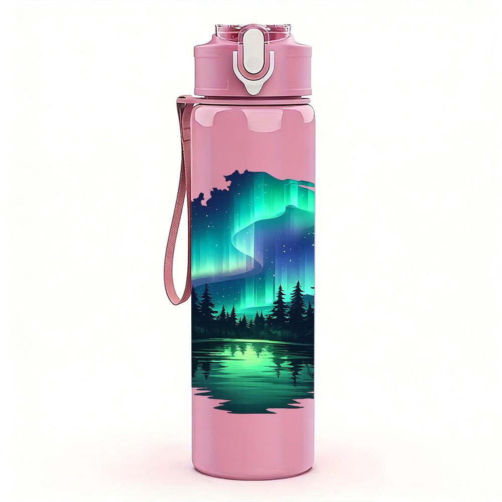 1PC Aurora Borealis Night Sky Scenery Print 750ml Color Plastic Sports Water Bottle Leakproof Flip Straw Lid Suitable for Sports Office Home Use