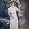 1011 spring and summer new models, jacquard side buckle medium and long cheongsam high-end plain and elegant beige short-sleeved long cheongsam in