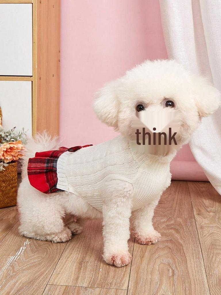 Pet Fall/Winter Outfit: Knit Sweater & Plaid Skirt with Bow-Tie for Dogs and Cats, Faux Two-Piece Design