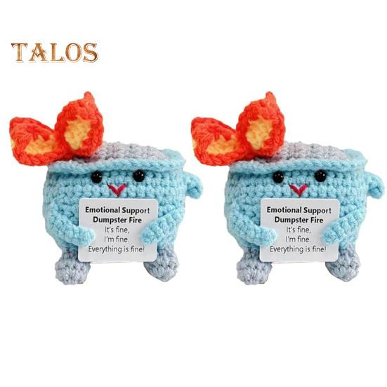 2Pcs Positive Crochet Flame Dumpster with Encouraging Card Emotional Support Handmade Knitting Trash Can Doll Decoration Ornament