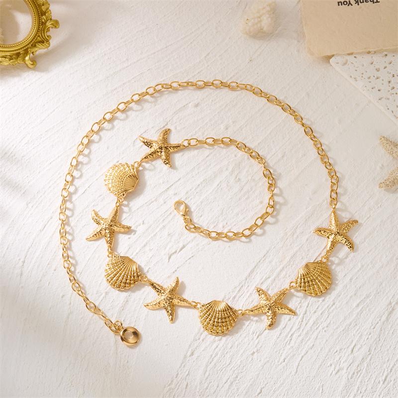 Boho Metal Starfish Shell Waist Chain for Women Girls Summer Beach Sexy Pearl Beaded Belly Chain Bikini Party Vacation Jewelry
