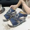 Large Wedge Denim Round Toe Fish Mouth Sandals, Fashionable and Comfortable, Versatile Rhinestone High Heels