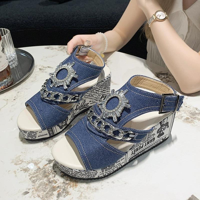 Large Wedge Denim Round Toe Fish Mouth Sandals, Fashionable and Comfortable, Versatile Rhinestone High Heels