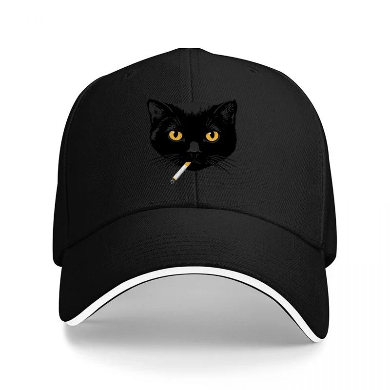 Black Cat With Cigarette Baseball Cap Cool Animal Design Fashionable Streetwear Hat for Men and Women