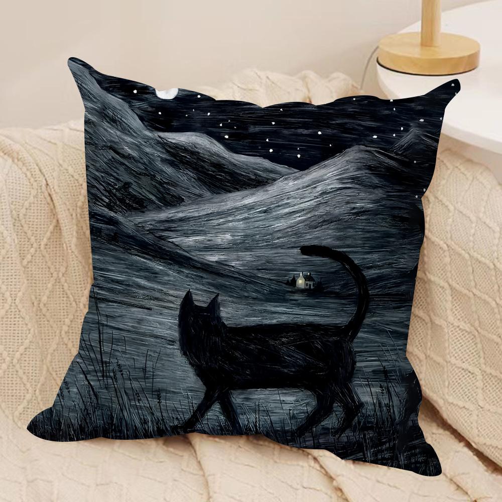 Black Cat Night Cool Cushion Cover Silky Short Plush Invisible Zipper Dustproof Sofa Pillow Case For Home Decor