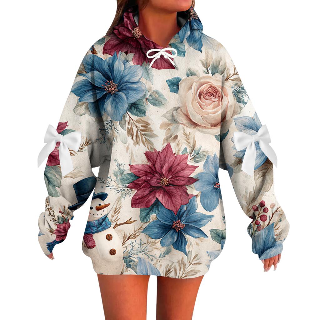 Ladies' Christmas Printed Bow Long Sleeved Loose Fitting Headband With Rope Hooded Sweatshirt Top
