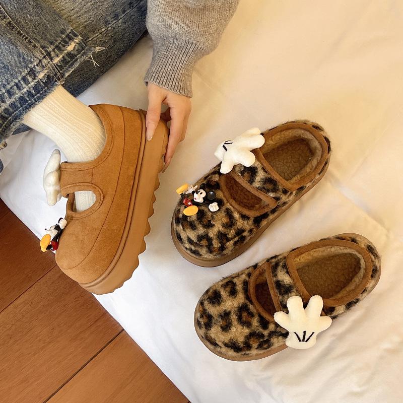Casual Winter Warm Fluffy Shoes Plush Beanie Cotton Shoes 2025 Leopard Print Velcro Platform Mary Jane Bread Shoes