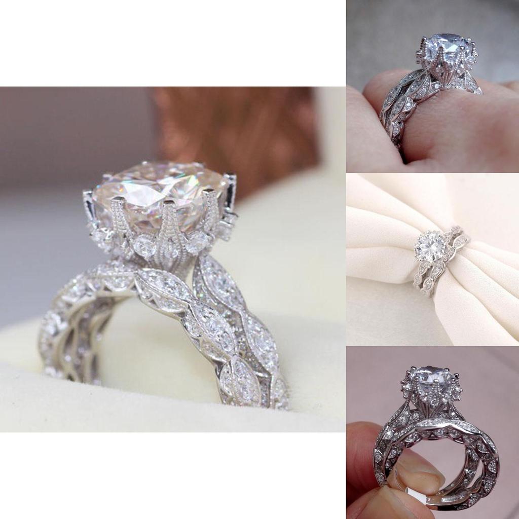 Elegant Antique Style Round White Sapphire Silver Plated Engagement Crown Ring Set