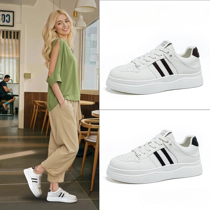 New Fashion Women Genuine Leather Casual Shoes Striped White Flat Platform Shoes Thick-soled Sneaker