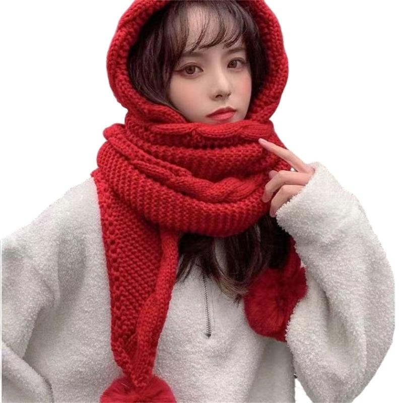 Knitted Scarf Hat with Pompoms Ball and EarFlaps Soft Pullover Hat Winter Accessory Unisex Headwear for Outdoor Activity